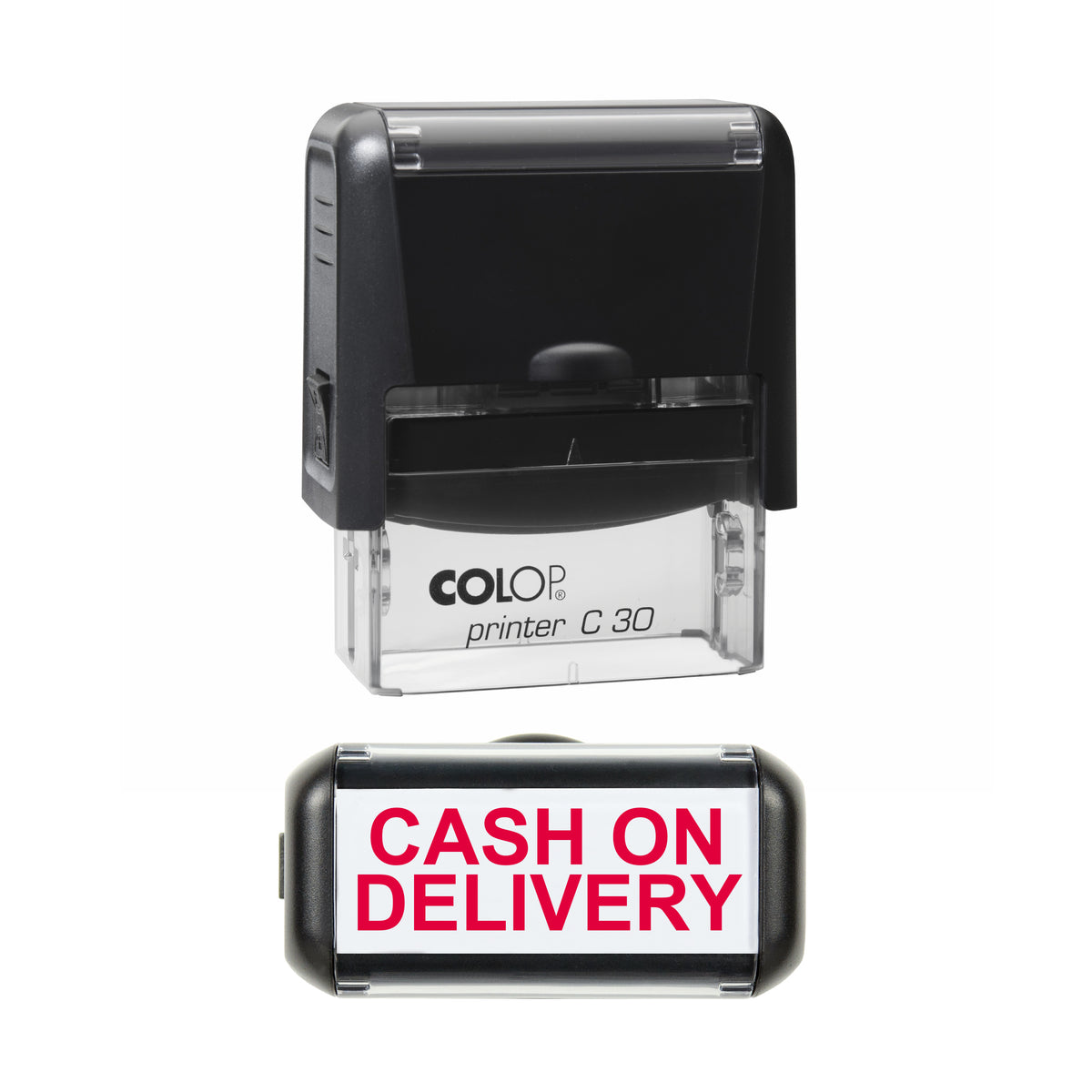 Stamp showing the Cash on Delivery design, 45 x 18mm COLOP C30 self-inking stamp, red ink