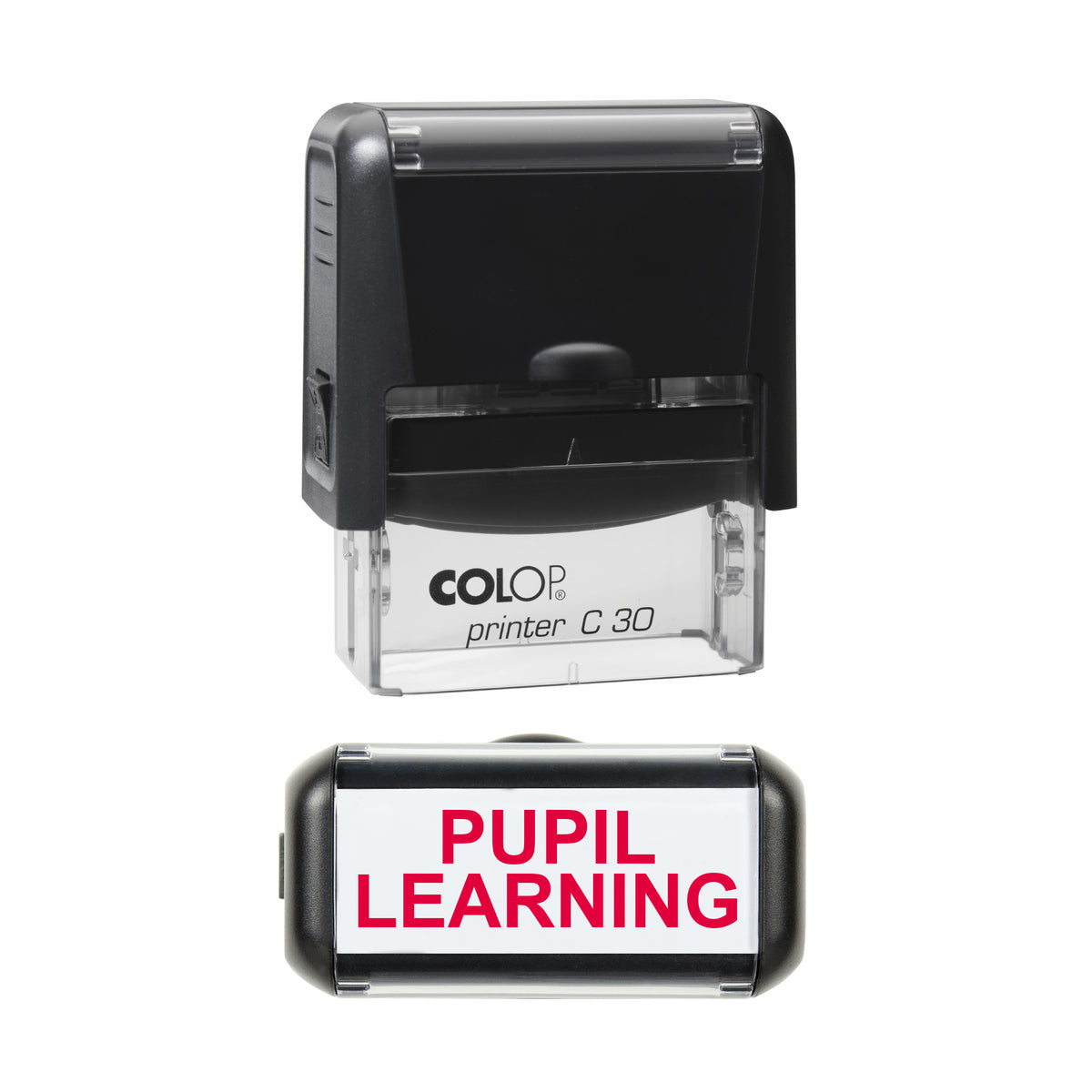Stamp showing the Pupil Learning Teacher design, 45 x 18mm COLOP C30 self-inking stamp, red ink