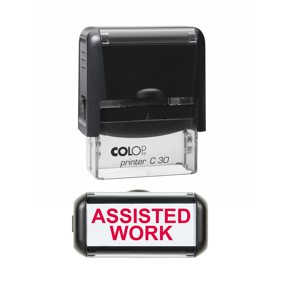 Stamp showing the Assisted Work Teacher design, 45 x 18mm COLOP C30 self-inking stamp, red ink