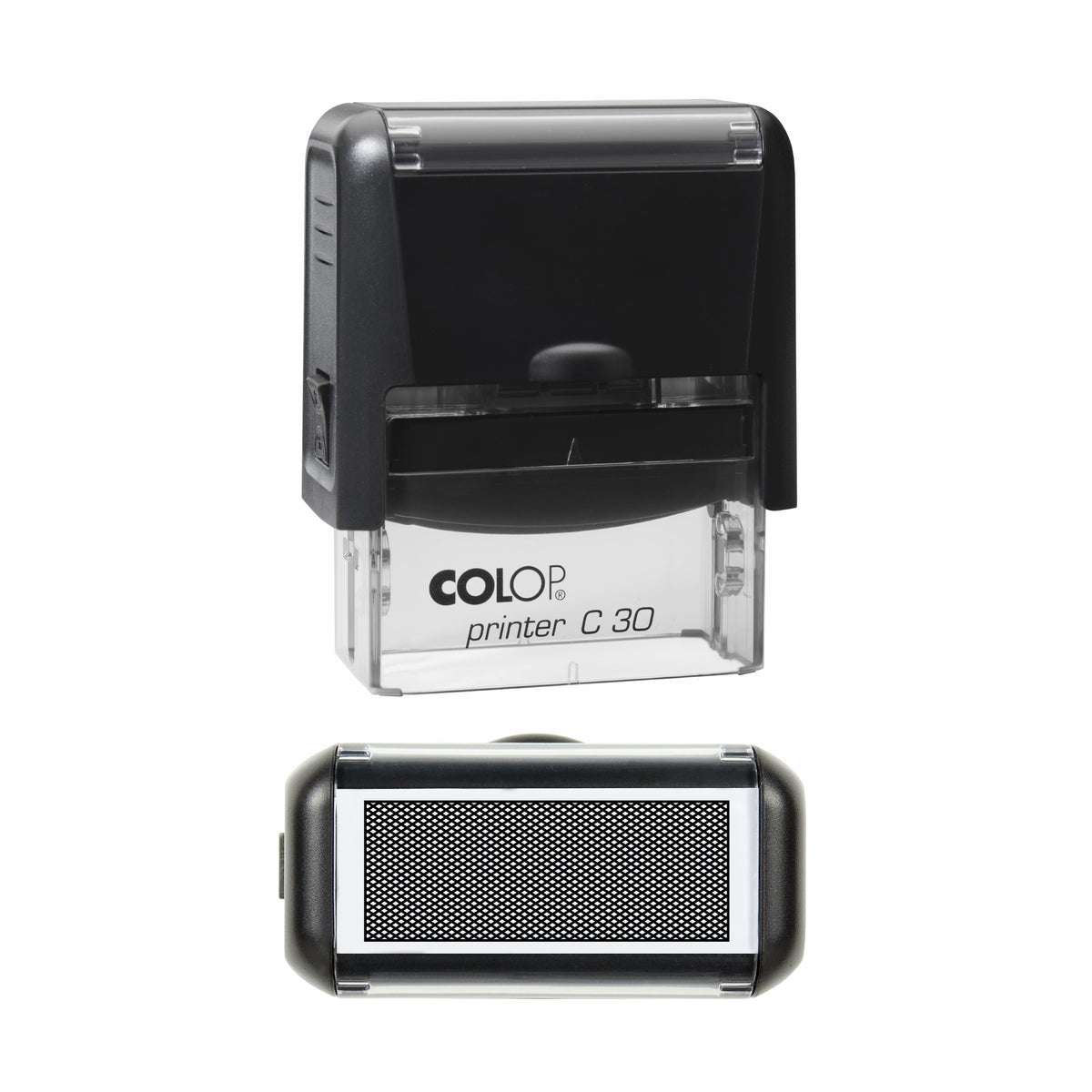 COLOP C30 document privacy crosshatch blackout stamp impression in black ink, 45 × 18 mm