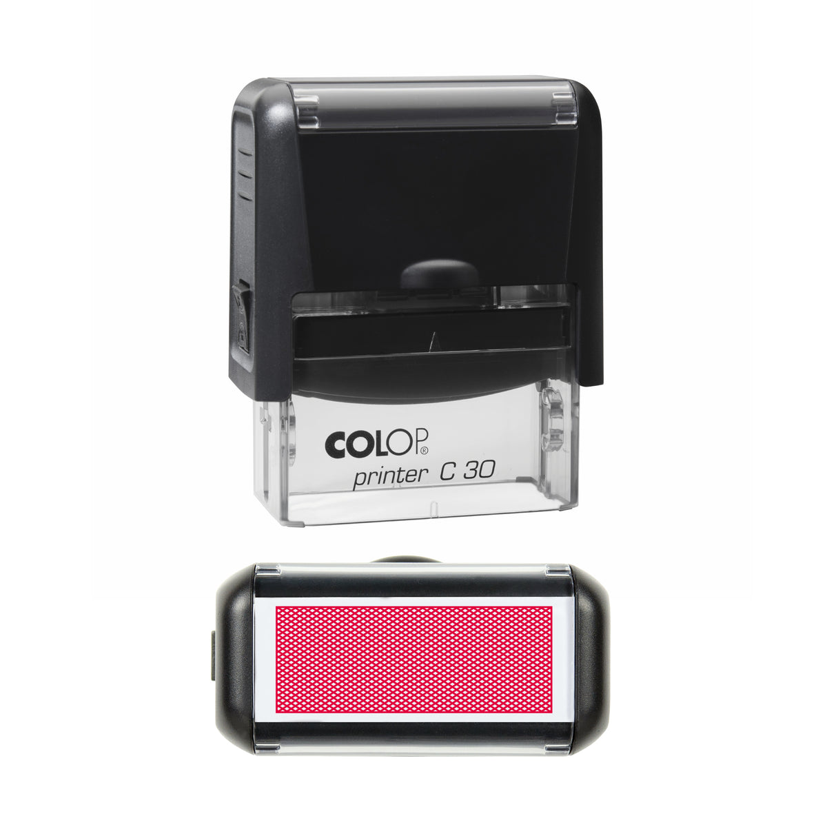 COLOP C30 document privacy crosshatch blackout stamp impression in red ink, 45 × 18 mm