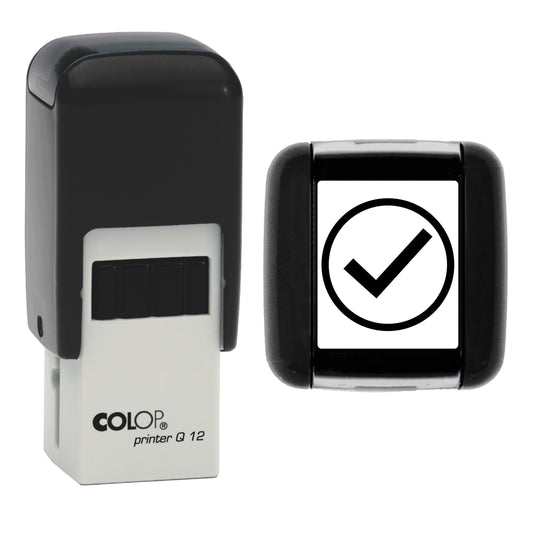 Stamp showing tick in a circle symbol, 12 x 12mm COLOP Q12 self-inking stamp, black ink