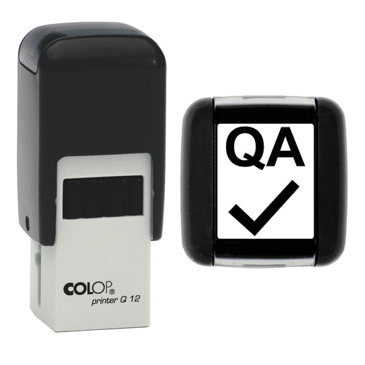 Stamp reading QA with tick, 12 x 12mm COLOP Q12 self-inking stamp, black ink