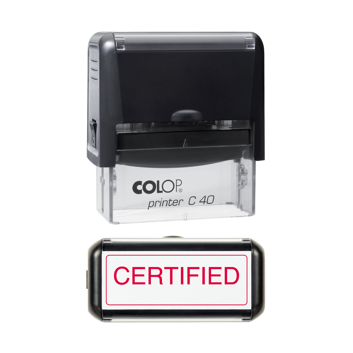 COLOP C40 CERTIFIED stamp impression in red ink, 58 × 22 mm