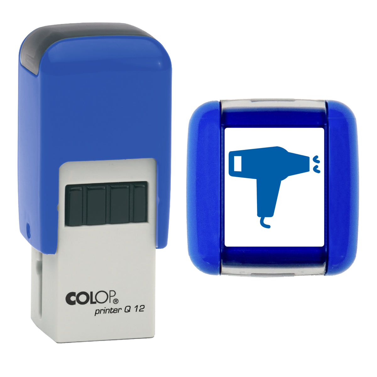 Hairdryer stamp, COLOP Q12, blue ink
