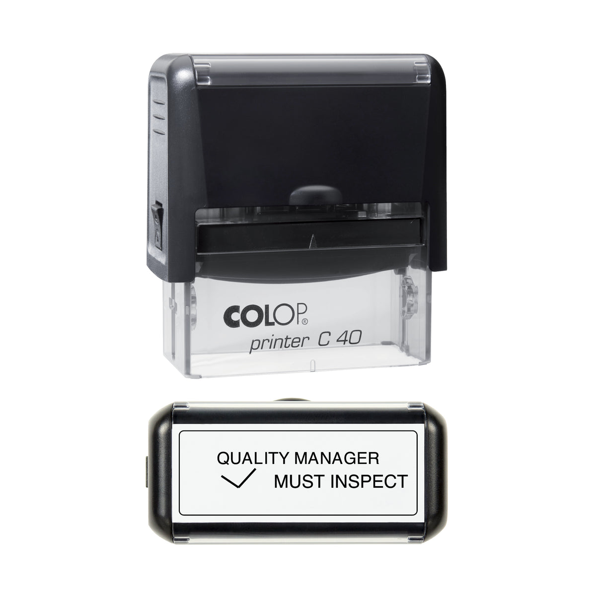 COLOP C40 Quality Manager Must Inspect stamp preview in black ink, 58 × 22 mm