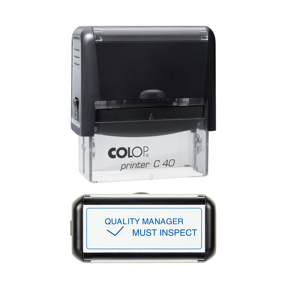 COLOP C40 Quality Manager Must Inspect stamp preview in blue ink, 58 × 22 mm