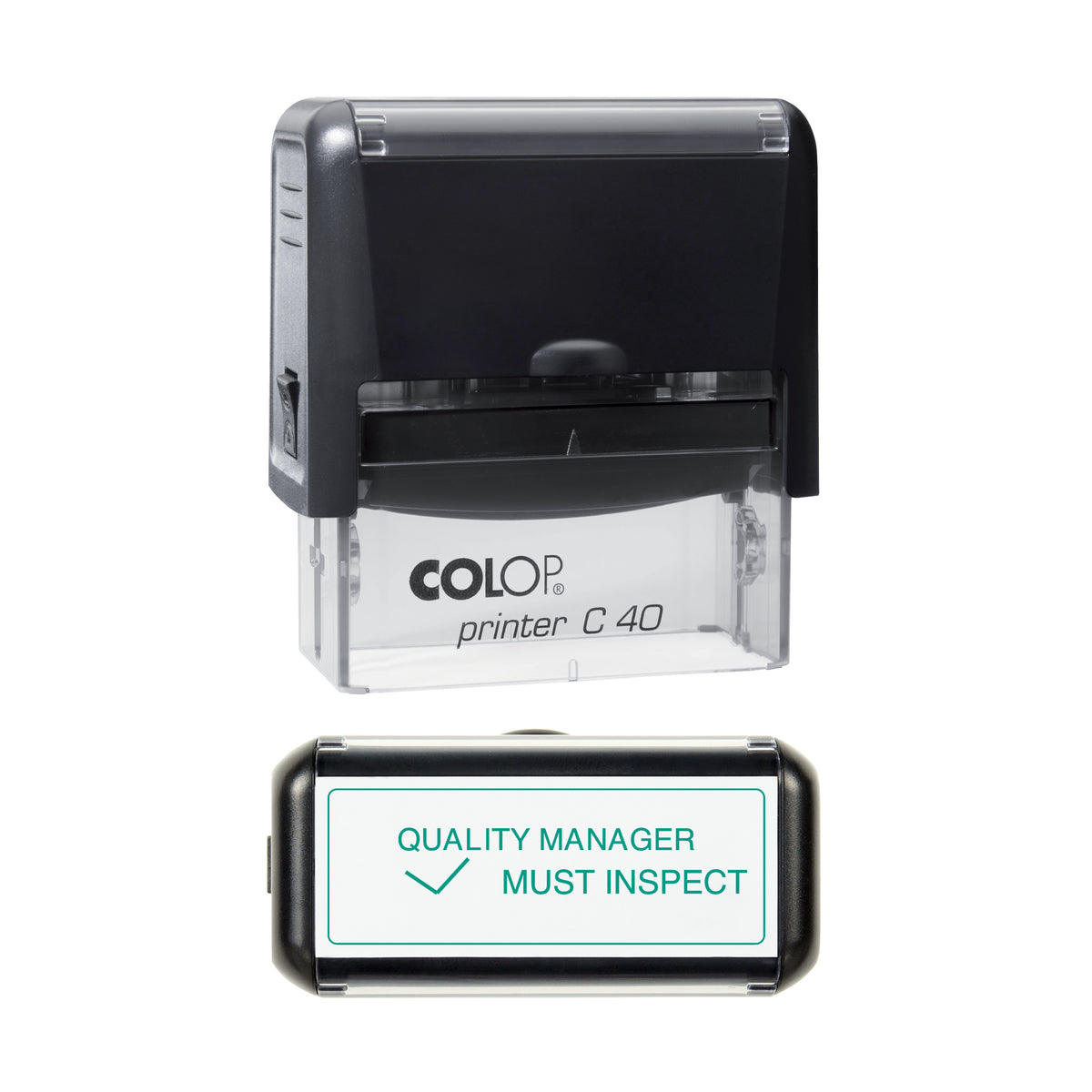 COLOP C40 Quality Manager Must Inspect stamp preview in green ink, 58 × 22 mm