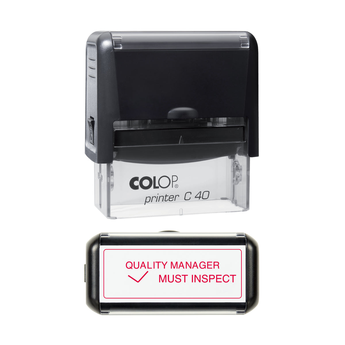 COLOP C40 Quality Manager Must Inspect stamp preview in red ink, 58 × 22 mm