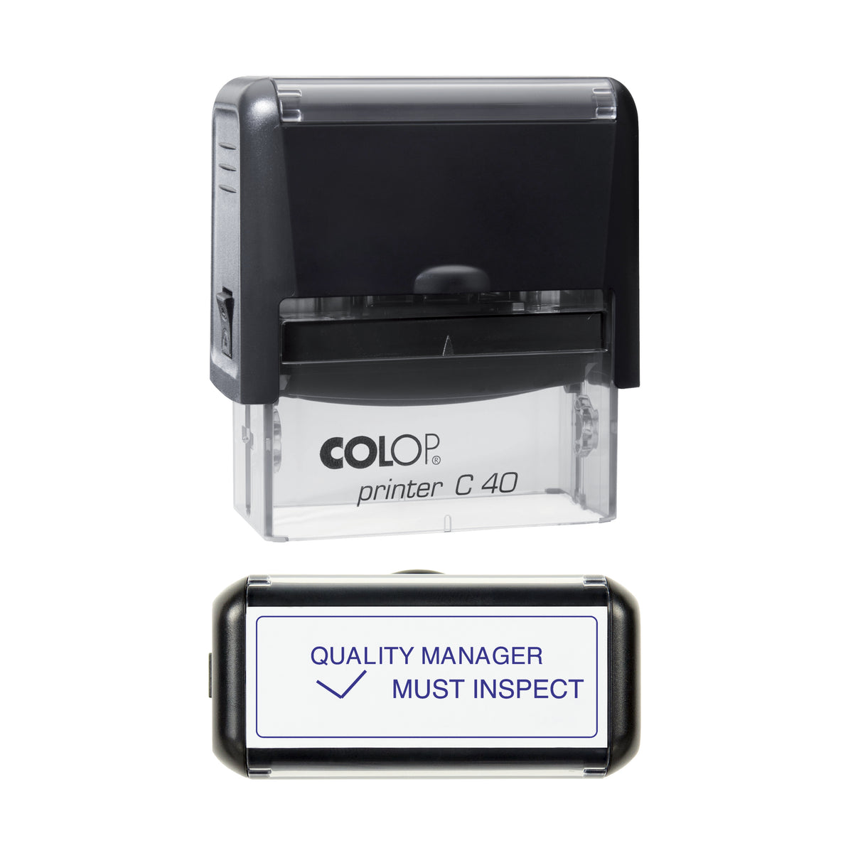 COLOP C40 Quality Manager Must Inspect stamp preview in violet ink, 58 × 22 mm
