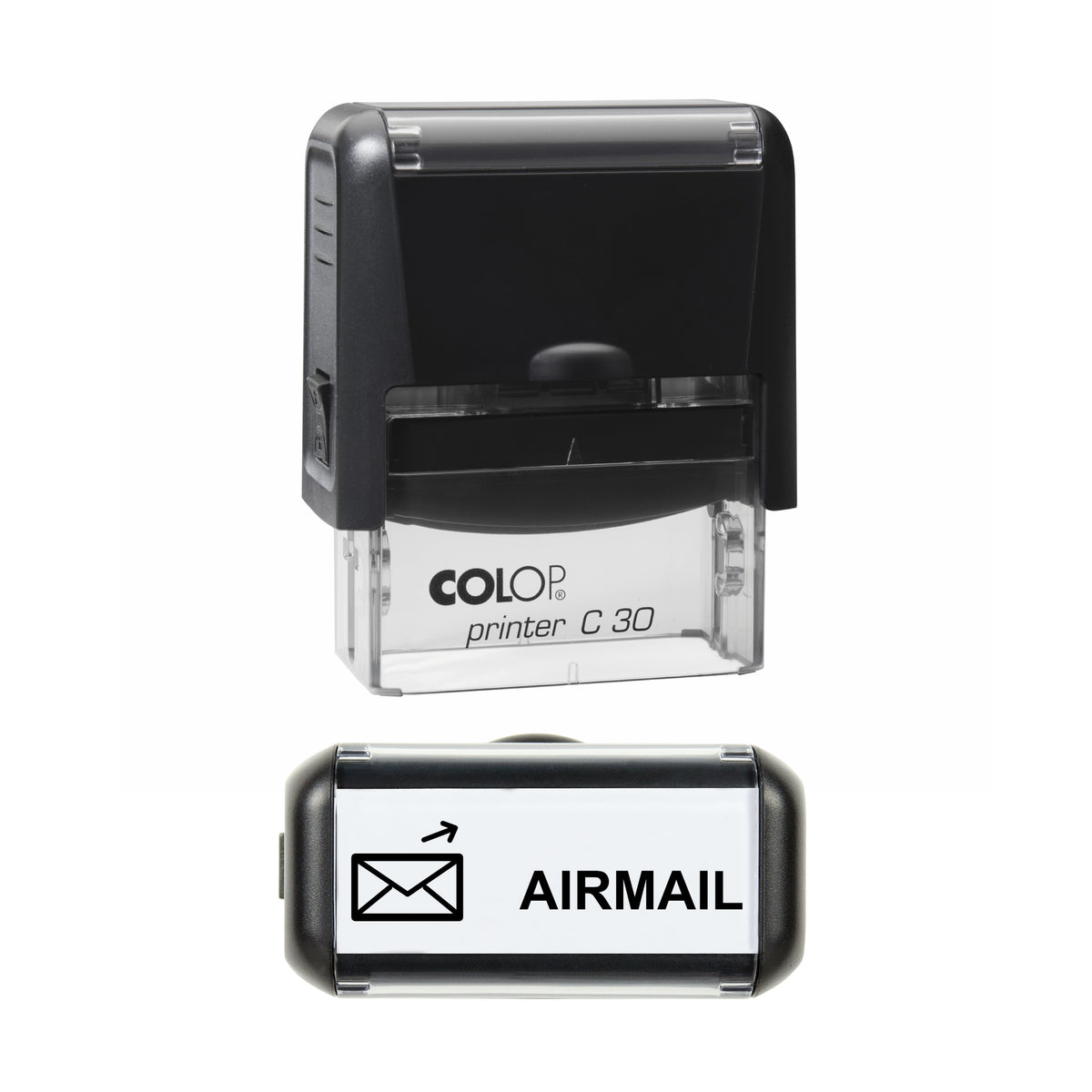 Airmail stamp, COLOP C30, black ink