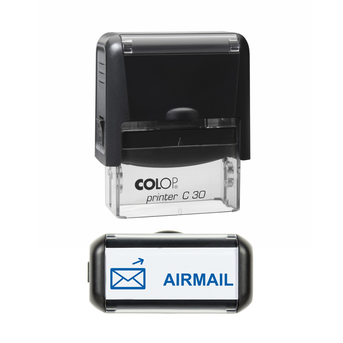 Airmail stamp, COLOP C30, blue ink