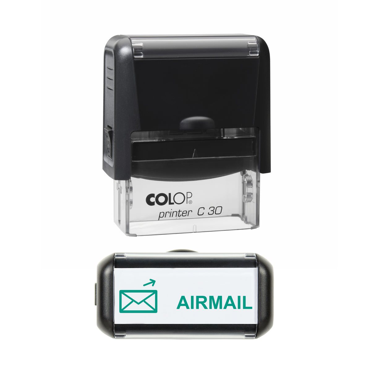 Airmail stamp, COLOP C30, green ink