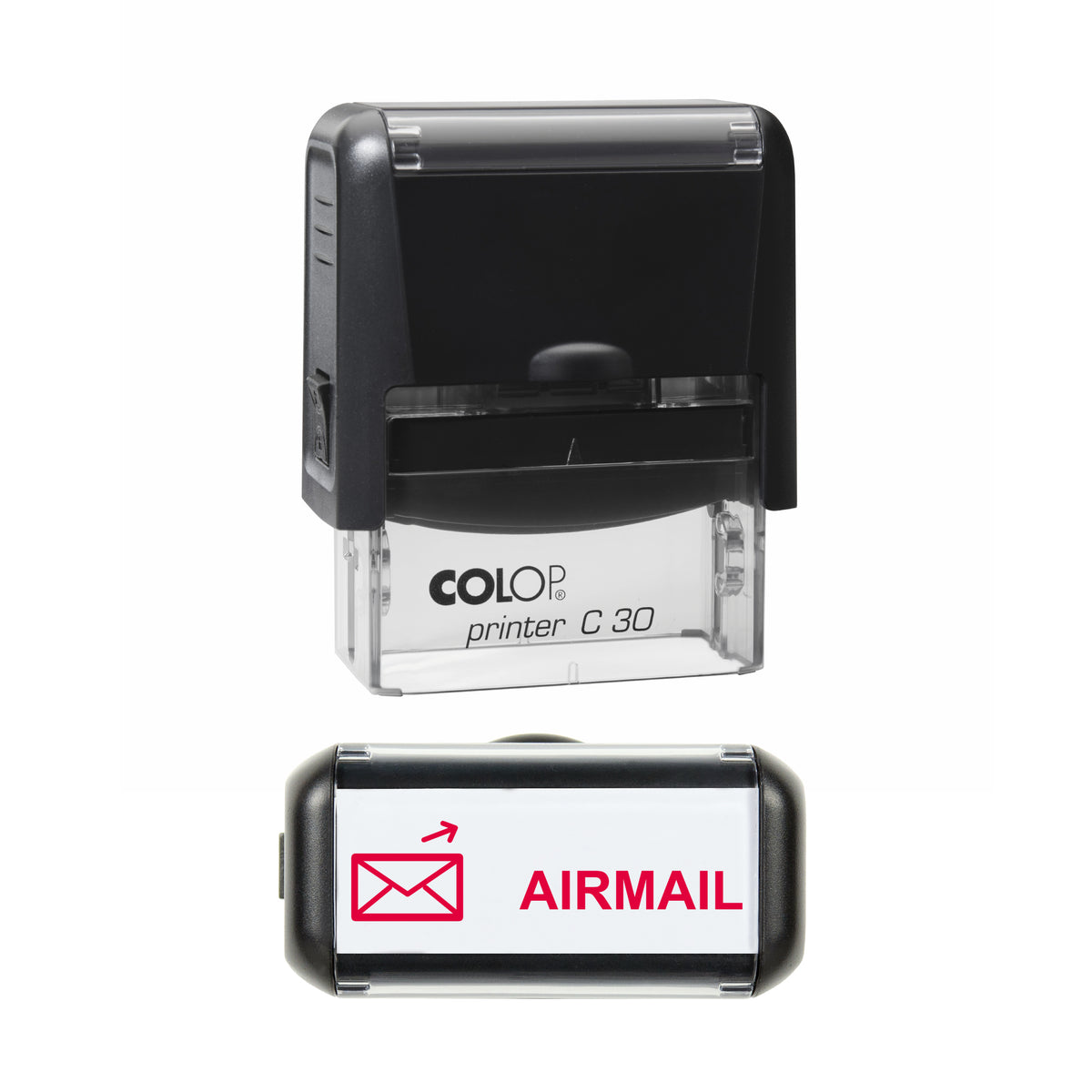 Airmail stamp, COLOP C30, red ink