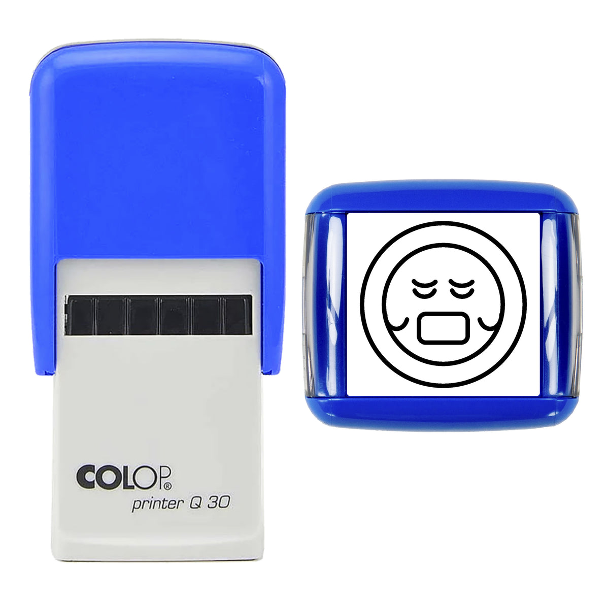 Crying with Laughter Q30 emoji stamp impression in black ink, centred on a 30 × 30 mm square face