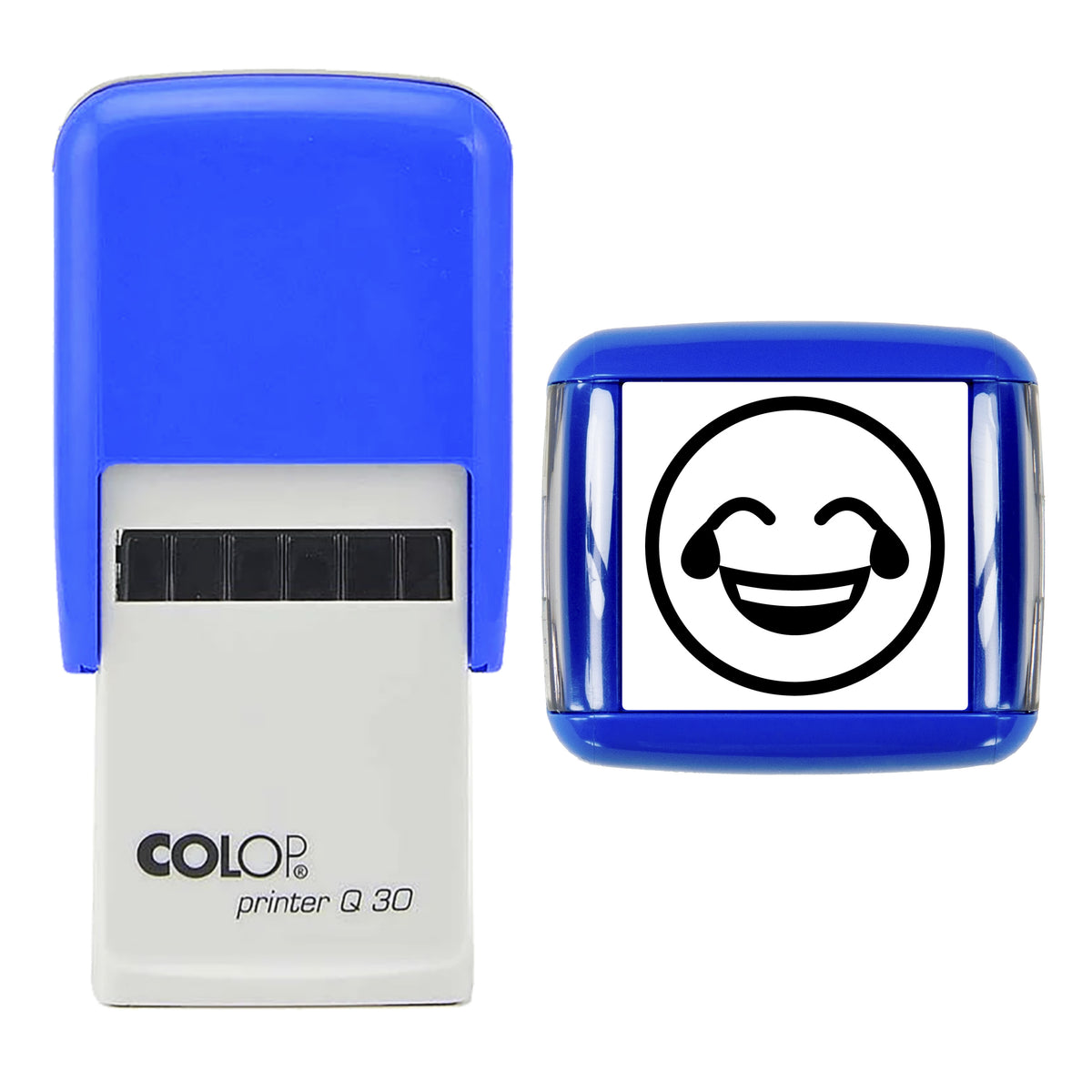 Stamp showing the Crying with Laughter Emoji design, 30 x 30mm COLOP Q30 self-inking stamp, black ink