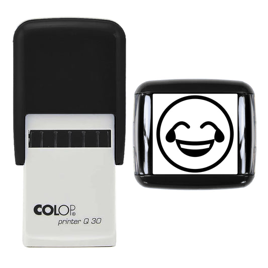 Stamp showing the Crying with Laughter Emoji design, 30 x 30mm COLOP Q30 self-inking stamp, black ink