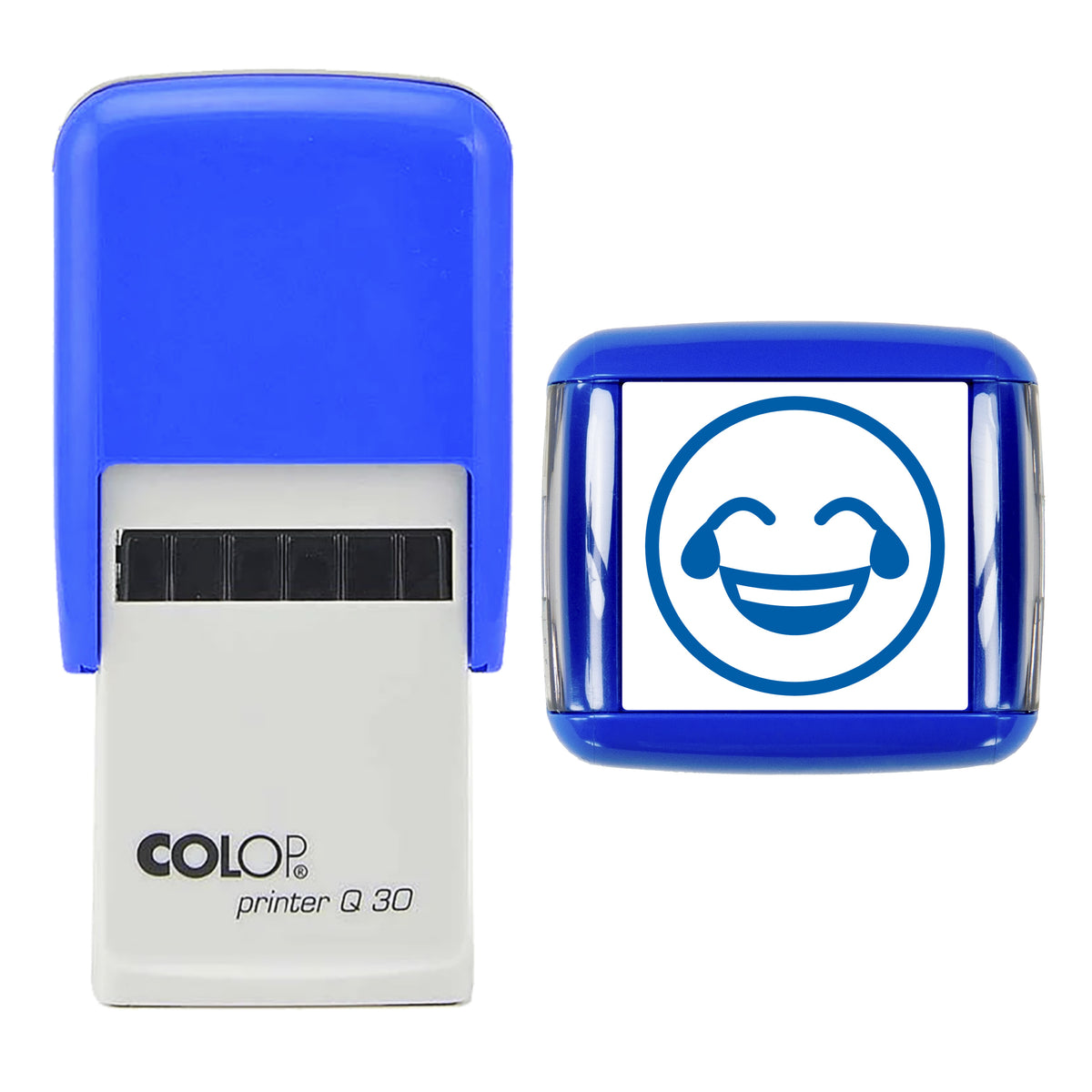 Stamp showing the Crying with Laughter Emoji design, 30 x 30mm COLOP Q30 self-inking stamp, blue ink