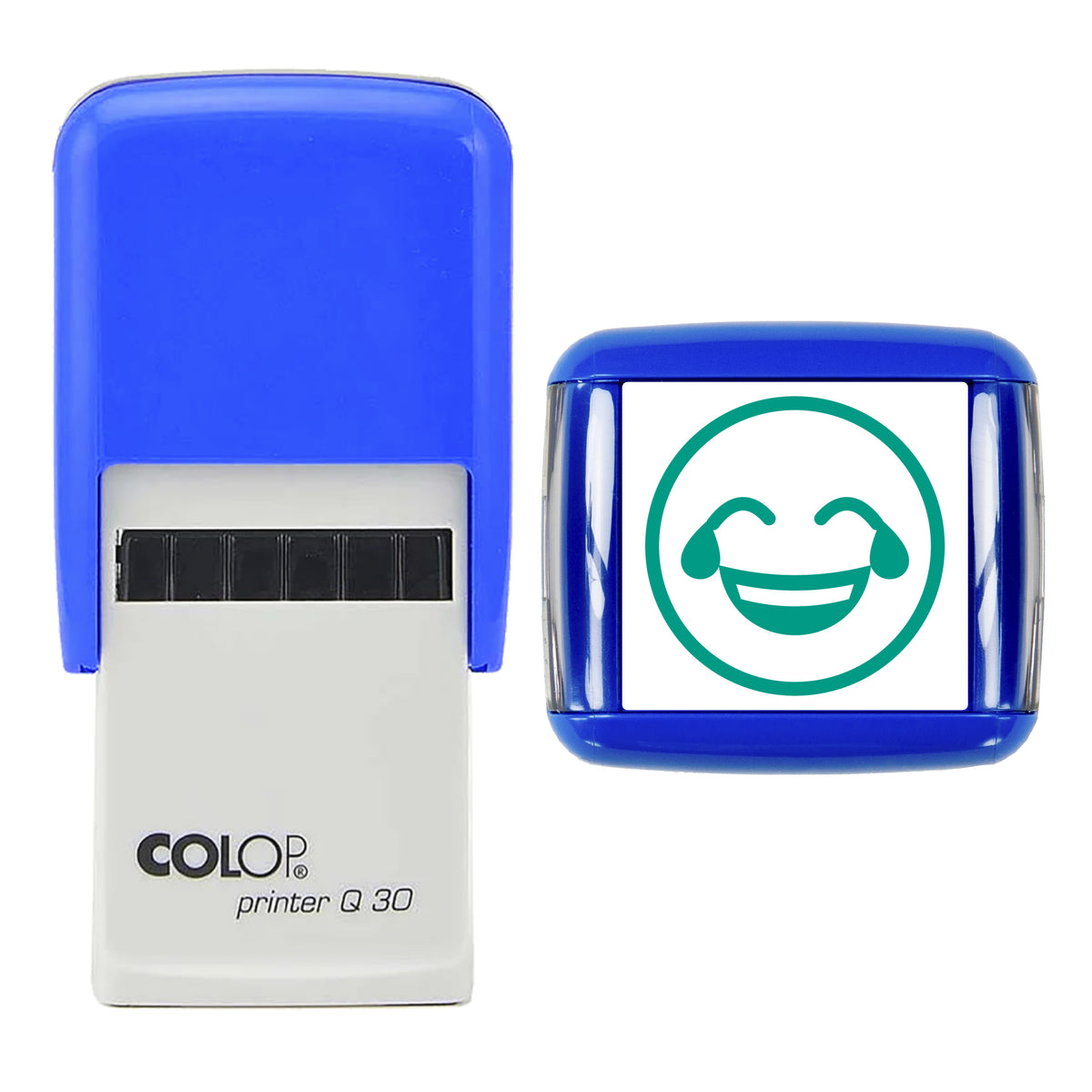 Stamp showing the Crying with Laughter Emoji design, 30 x 30mm COLOP Q30 self-inking stamp, green ink