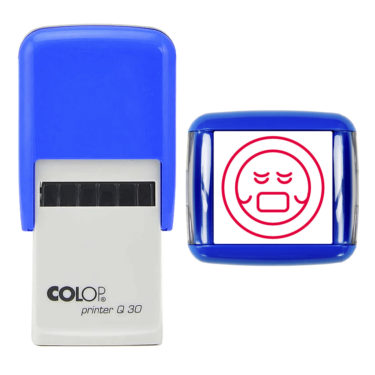 Crying with Laughter Q30 emoji stamp impression in red ink, centred on a 30 × 30 mm square face