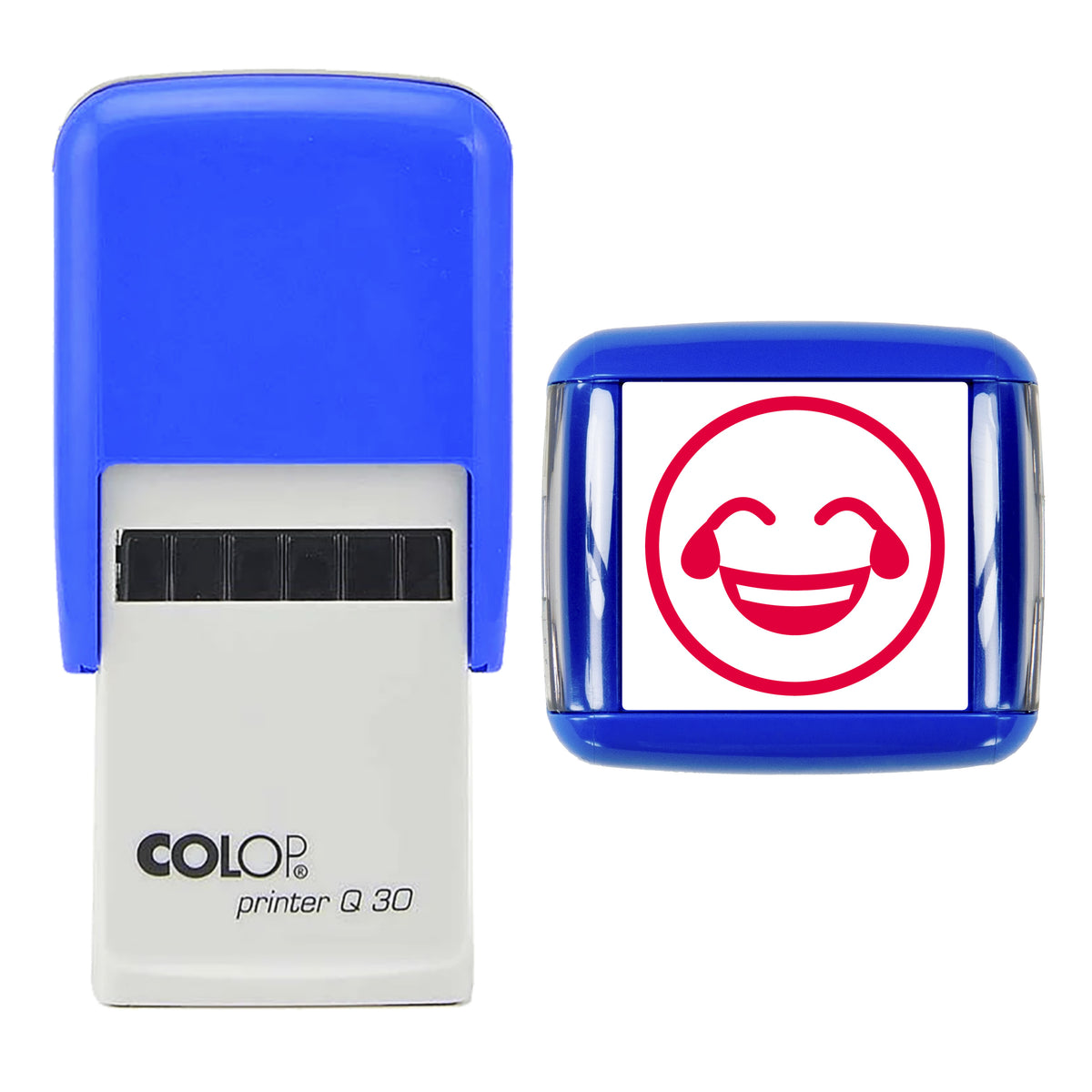 Stamp showing the Crying with Laughter Emoji design, 30 x 30mm COLOP Q30 self-inking stamp, red ink