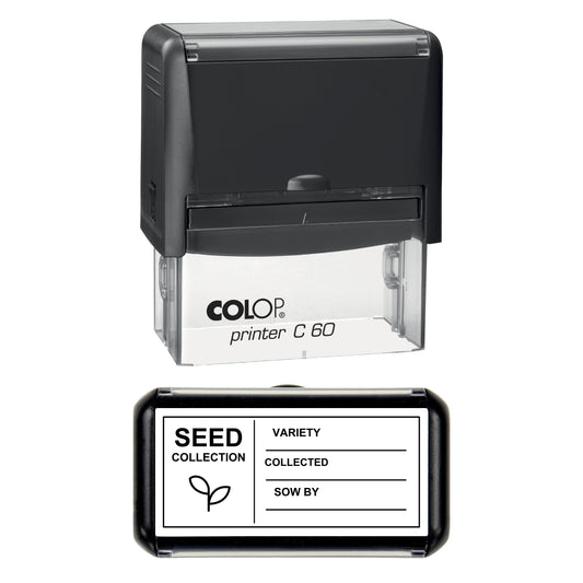 Stamp reading SEED COLLECTION with variety, collected and sow-by lines, 77 x 36mm COLOP C60 self-inking stamp, black ink