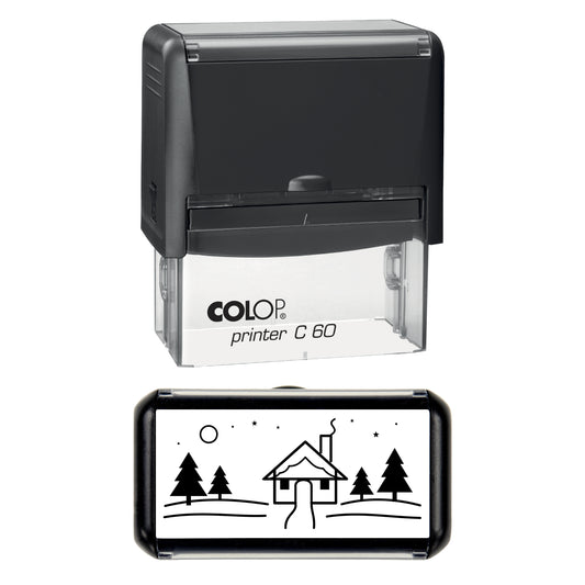 Stamp showing the Winter Cottage Christmas design, 77 x 36mm COLOP C60 self-inking stamp, black ink