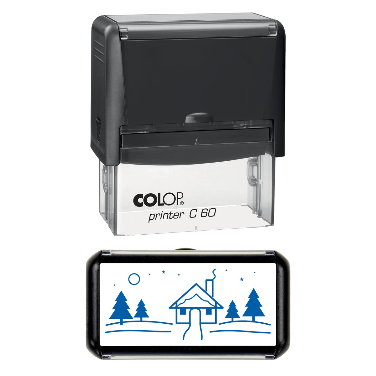 Winter Cottage Christmas Stamp, COLOP C60, 77 x 36mm, blue ink