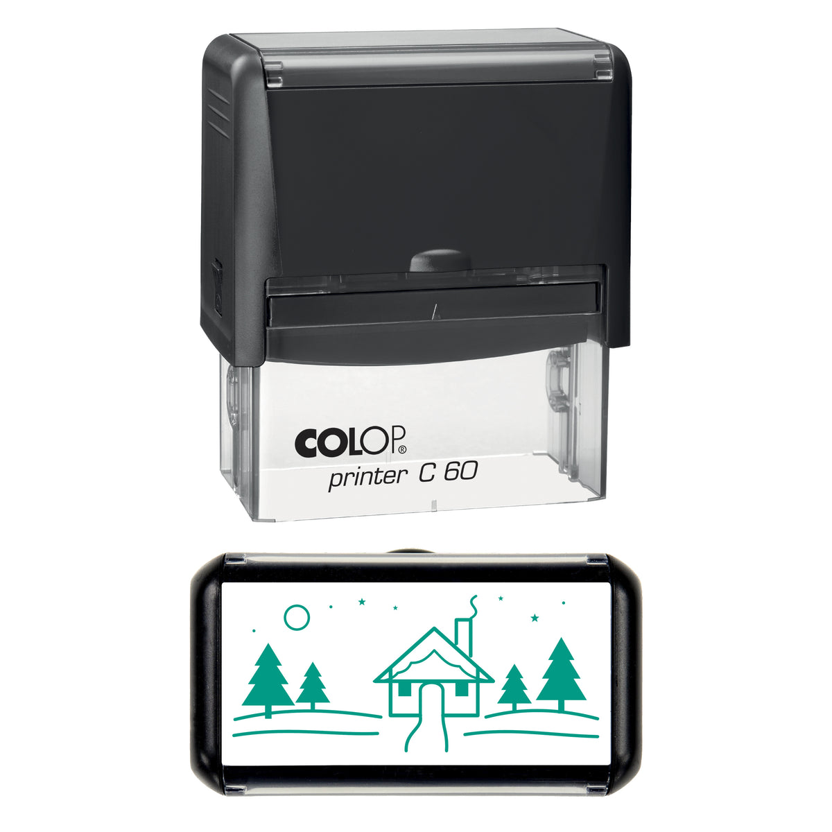 Winter Cottage Christmas Stamp, COLOP C60, 77 x 36mm, green ink