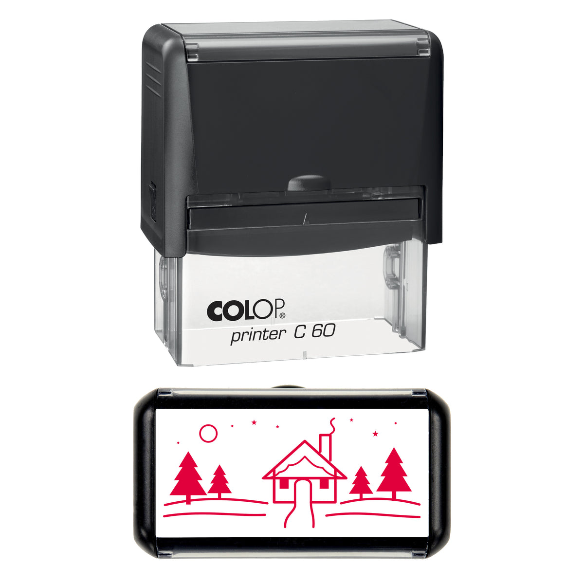 Winter Cottage Christmas Stamp, COLOP C60, 77 x 36mm, red ink