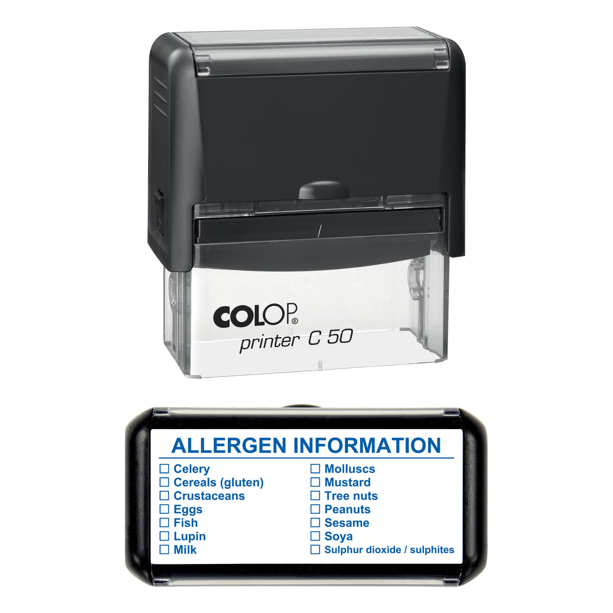 Food Allergen Checklist Stamp, COLOP C50, 70 x 30mm, blue ink