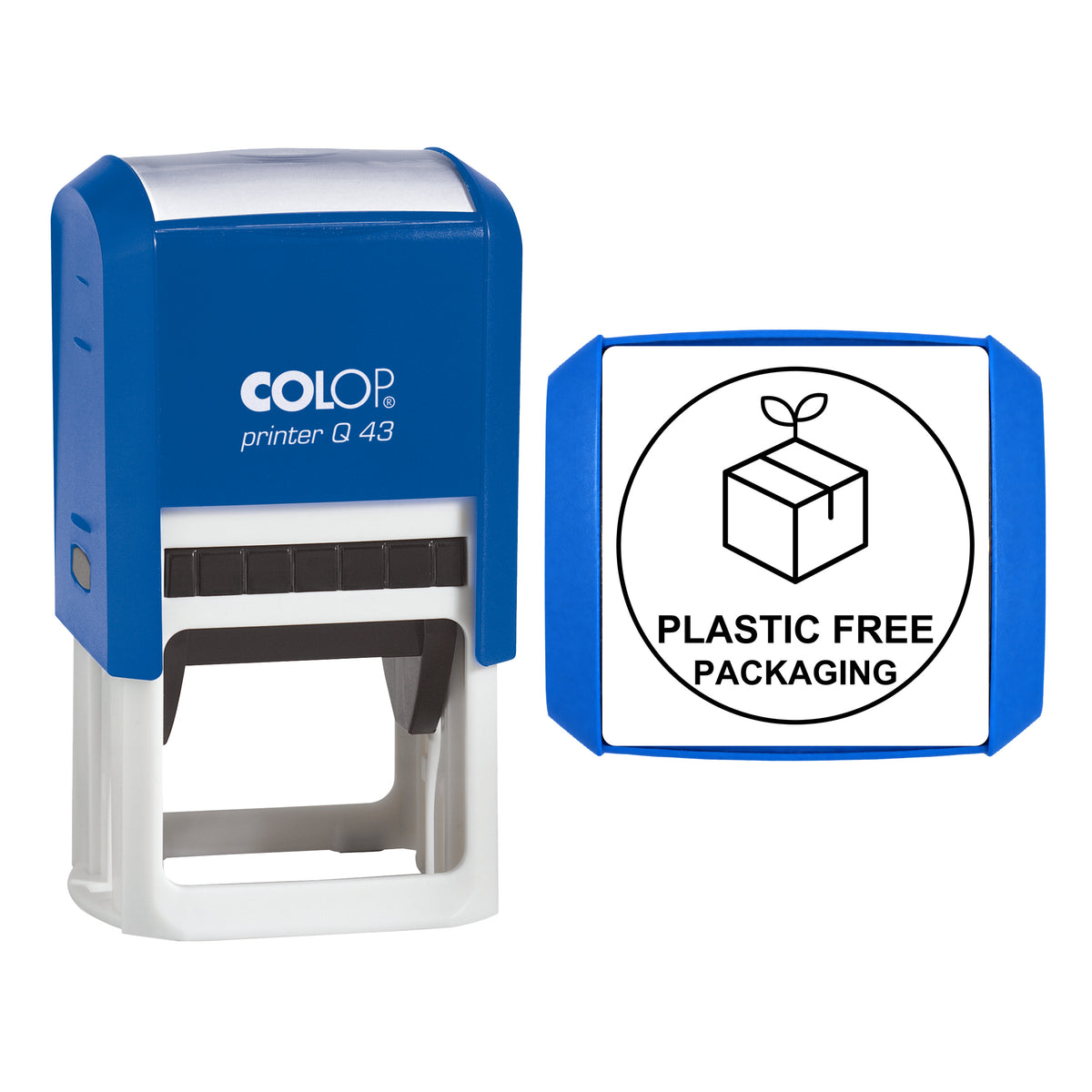 Plastic Free Packaging Stamp, COLOP Q43, 43 x 43mm, black ink