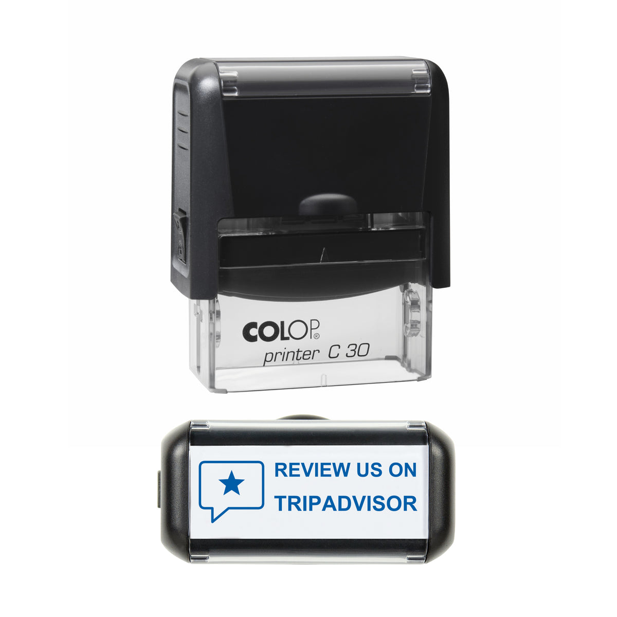 Review Us on Tripadvisor Stamp, COLOP C30, 45 x 18mm, blue ink