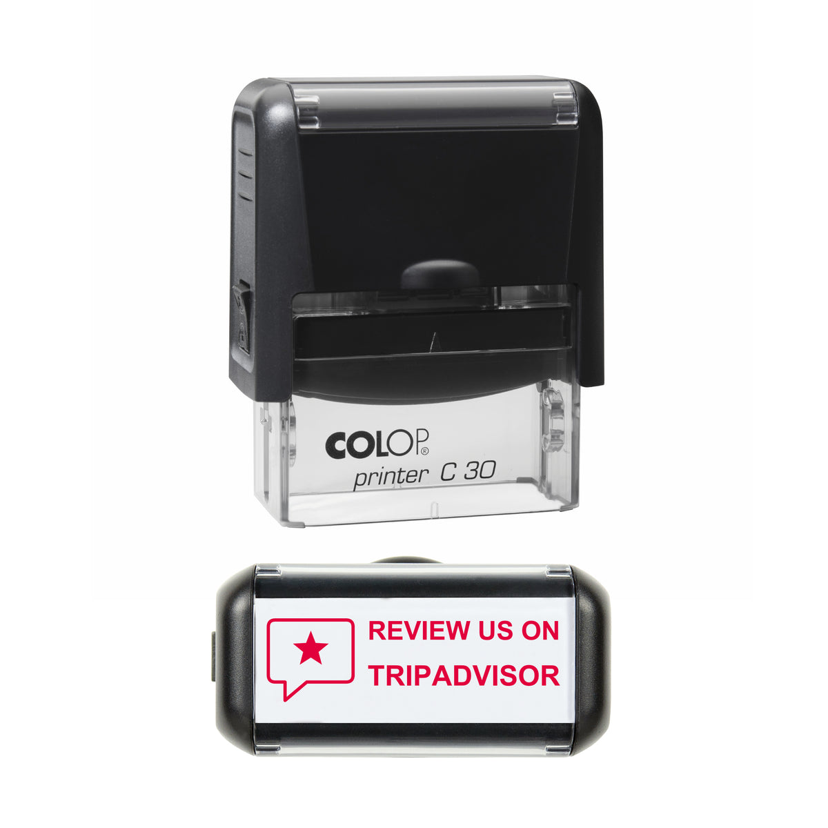 Review Us on Tripadvisor Stamp, COLOP C30, 45 x 18mm, red ink