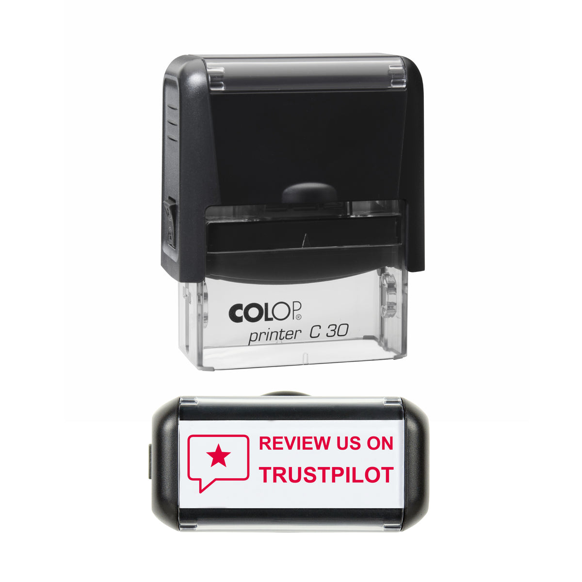 Review Us on Trustpilot Stamp, COLOP C30, 45 x 18mm, red ink