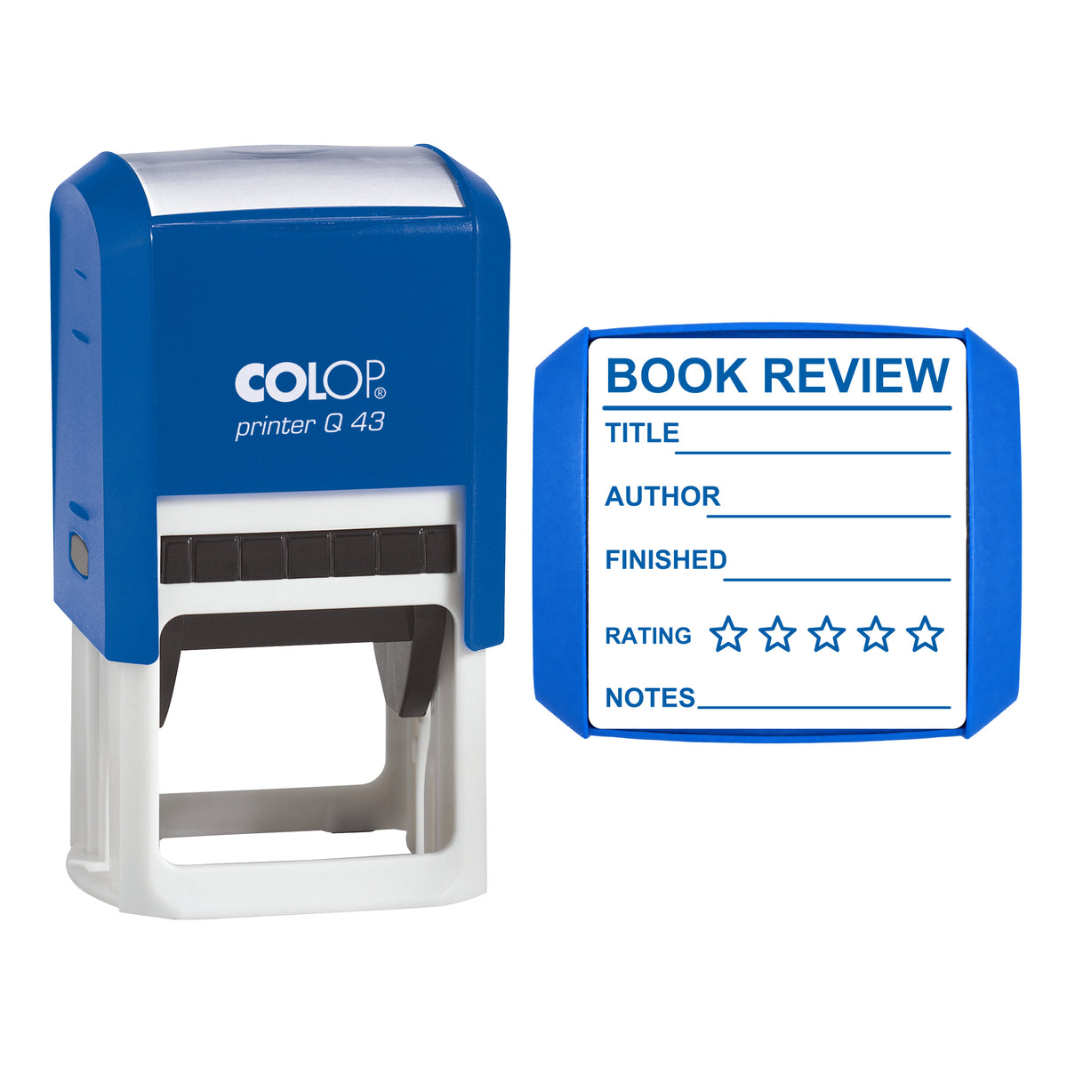 Book Review Reading Journal Stamp, COLOP Q43, 43 x 43mm, blue ink
