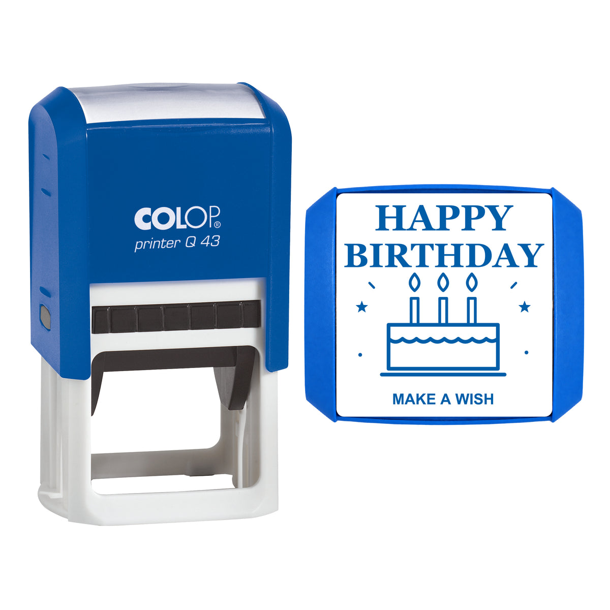 Happy Birthday Cake Greeting Stamp, COLOP Q43, 43 x 43mm, blue ink