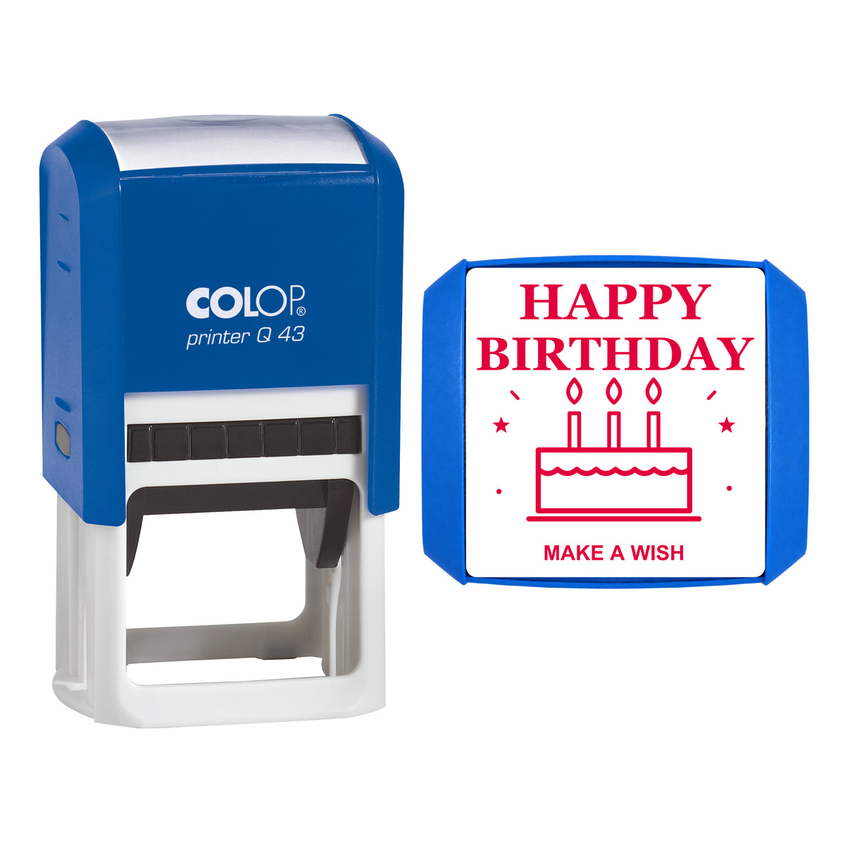 Happy Birthday Cake Greeting Stamp, COLOP Q43, 43 x 43mm, red ink