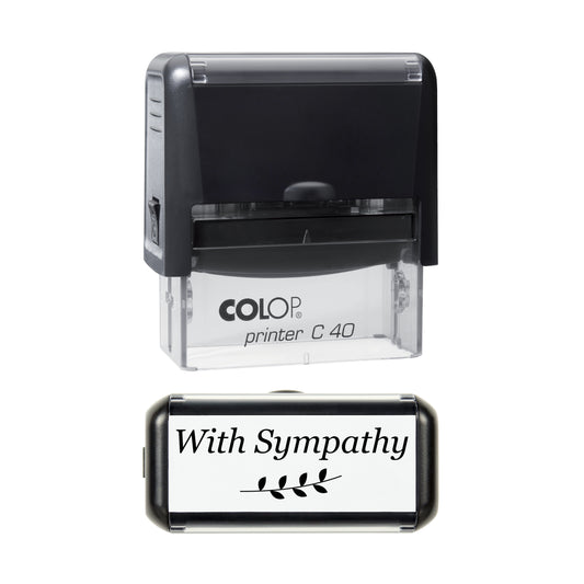 Stamp reading With Sympathy with olive sprig, 58 x 22mm COLOP C40 self-inking stamp, black ink