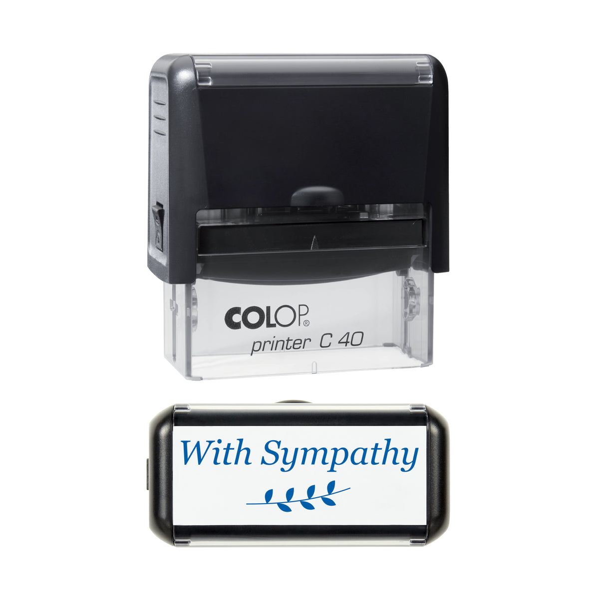 With Sympathy Botanical Greeting Stamp, COLOP C40, 58 x 22mm, blue ink
