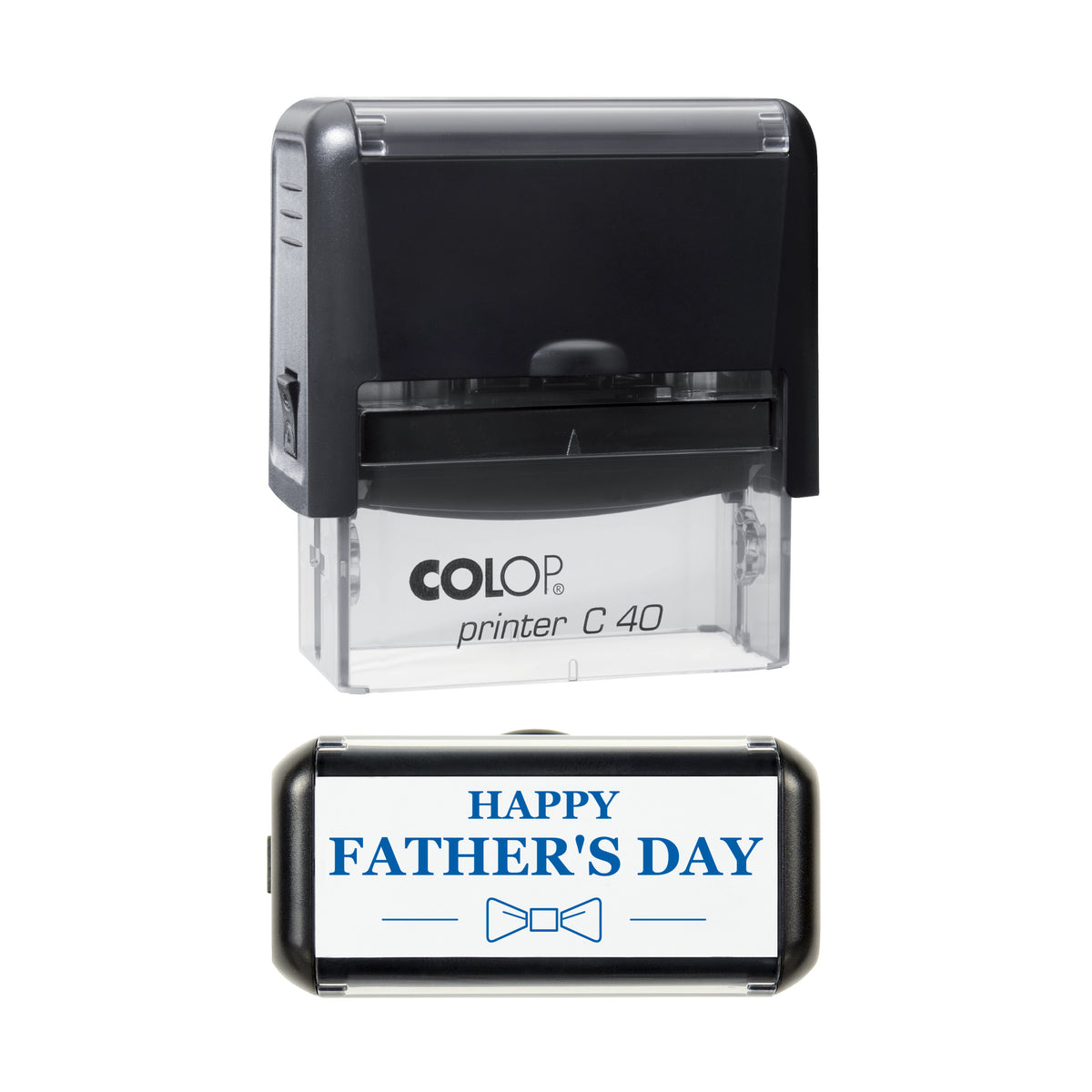 Happy Father's Day Bow Tie Greeting Stamp, COLOP C40, 58 x 22mm, blue ink
