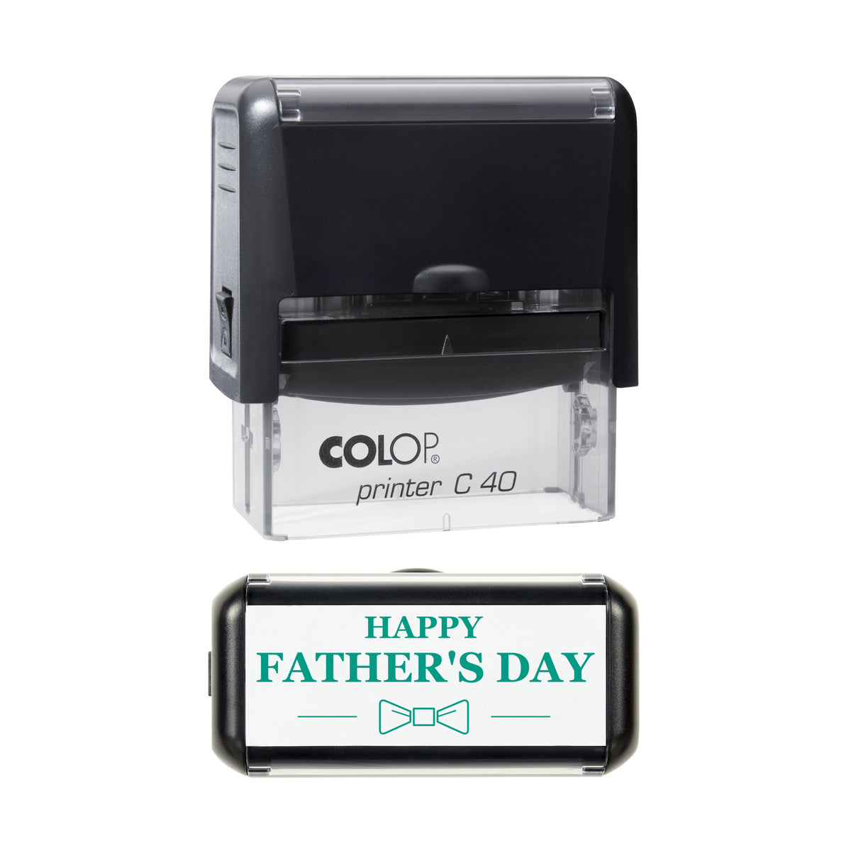 Happy Father's Day Bow Tie Greeting Stamp, COLOP C40, 58 x 22mm, green ink