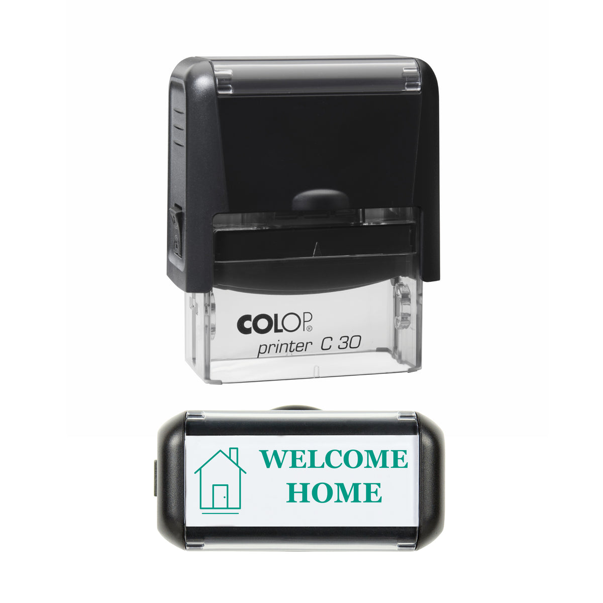 Welcome Home Housewarming Greeting Stamp, COLOP C30, 45 x 18mm, green ink