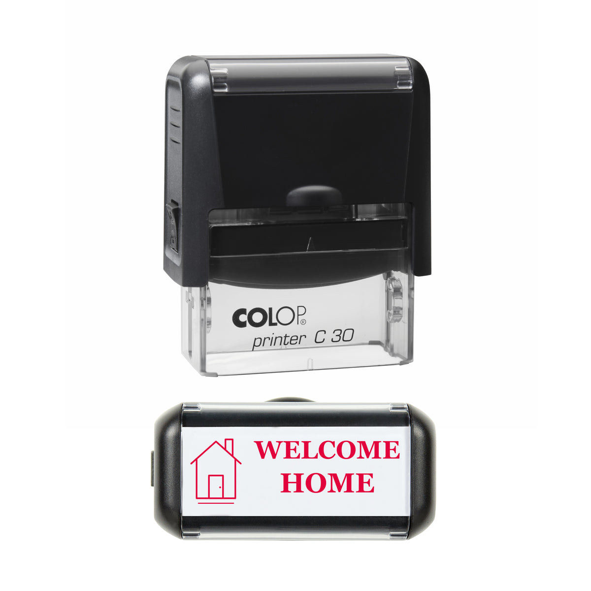 Welcome Home Housewarming Greeting Stamp, COLOP C30, 45 x 18mm, red ink