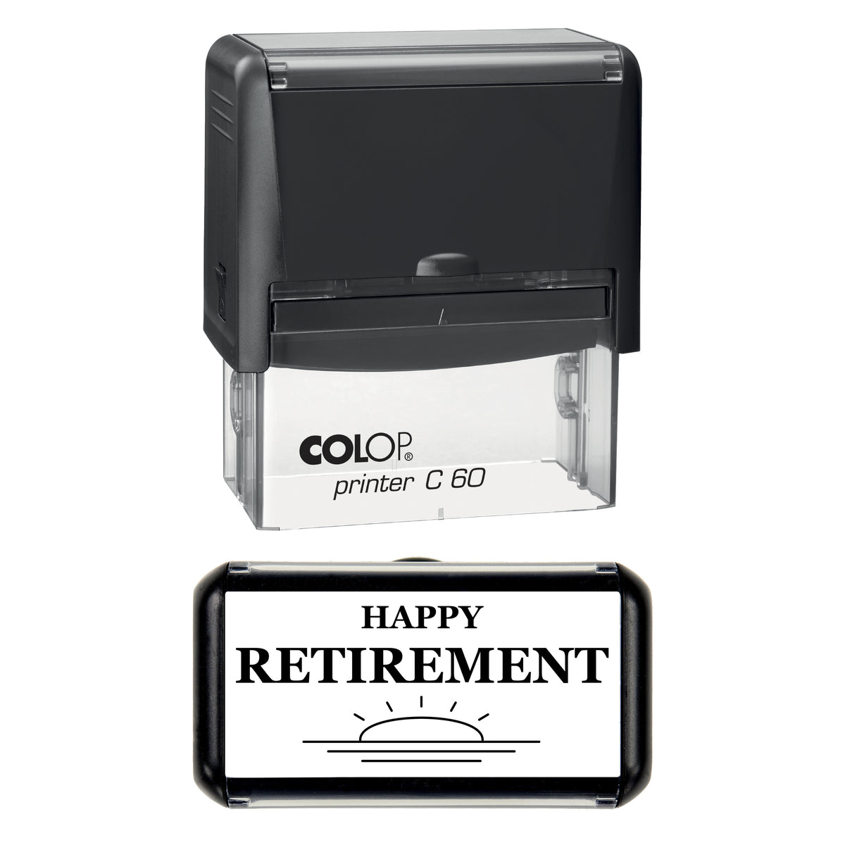 Happy Retirement Sunrise Greeting Stamp, COLOP C60, 77 x 36mm, black ink