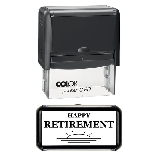Stamp reading HAPPY RETIREMENT with sunrise, 77 x 36mm COLOP C60 self-inking stamp, black ink