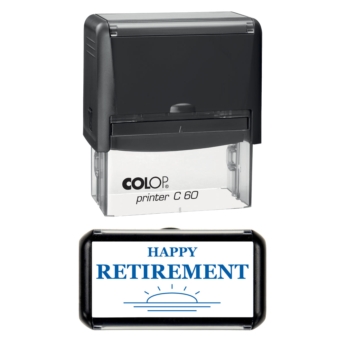Happy Retirement Sunrise Greeting Stamp, COLOP C60, 77 x 36mm, blue ink