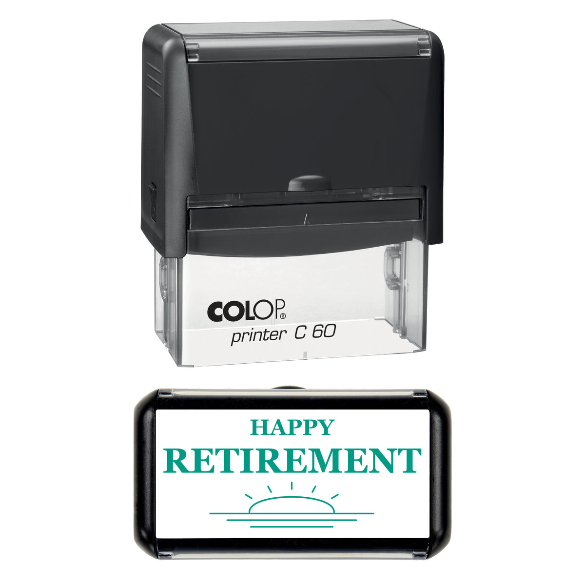 Happy Retirement Sunrise Greeting Stamp, COLOP C60, 77 x 36mm, green ink