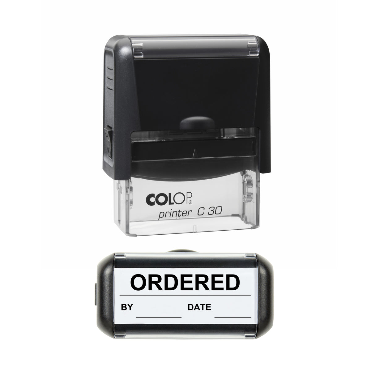 Ordered By and Date Stock Stamp, COLOP C30, 45 x 18mm, black ink