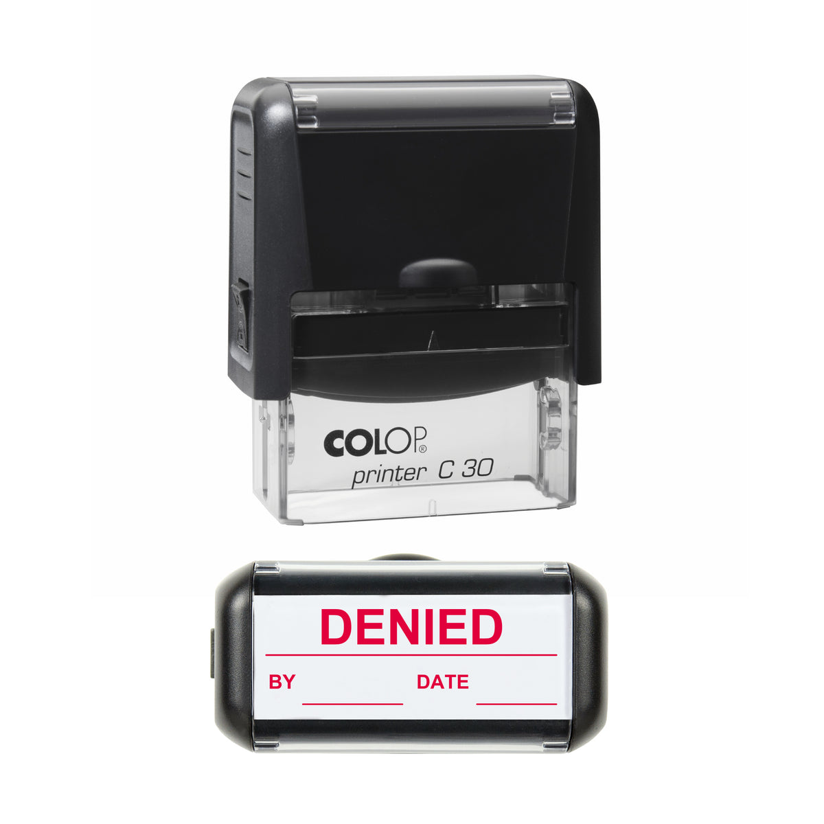 Denied By and Date Stock Stamp, COLOP C30, 45 x 18mm, red ink